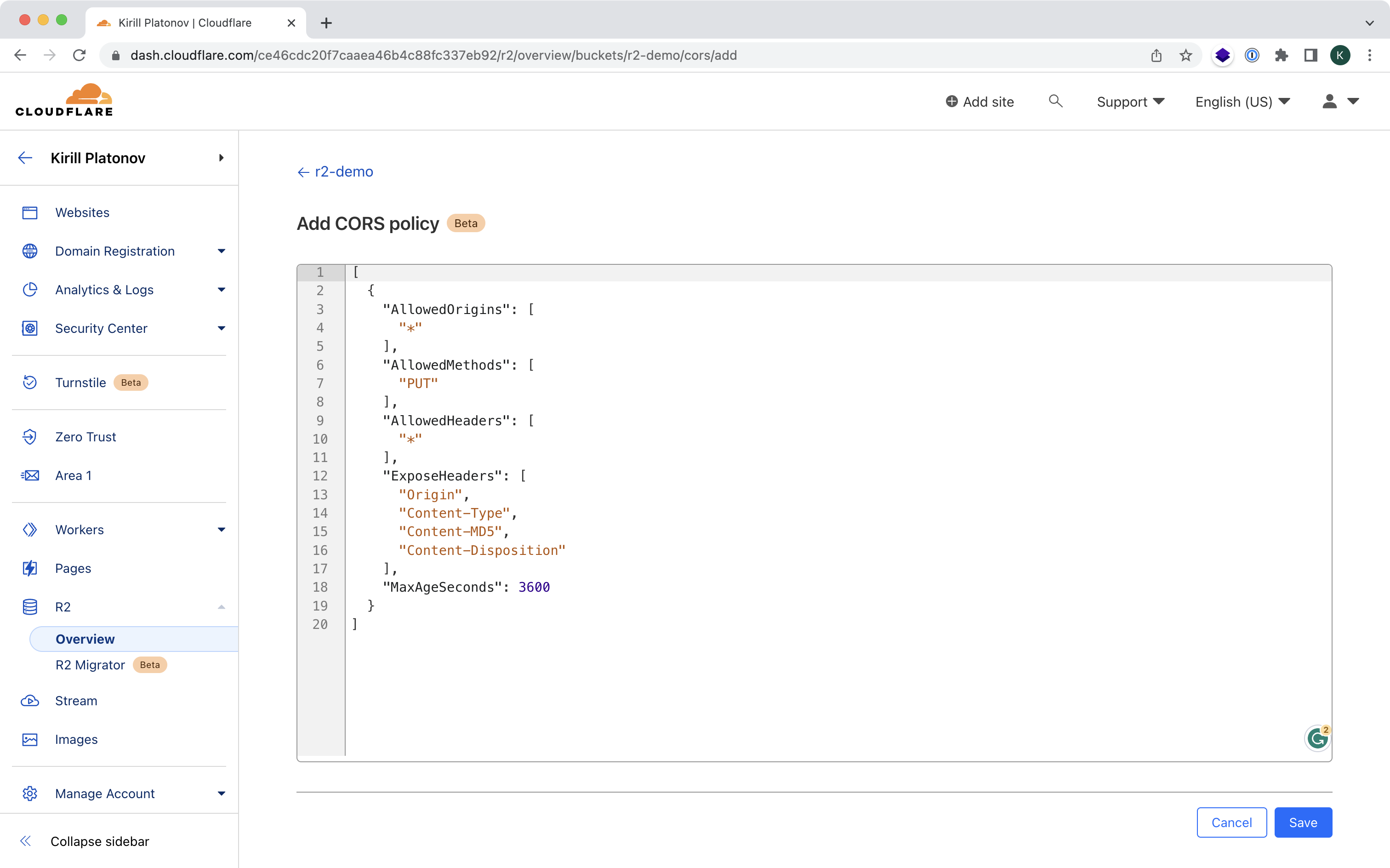 Cloudflare R2 CORS policy